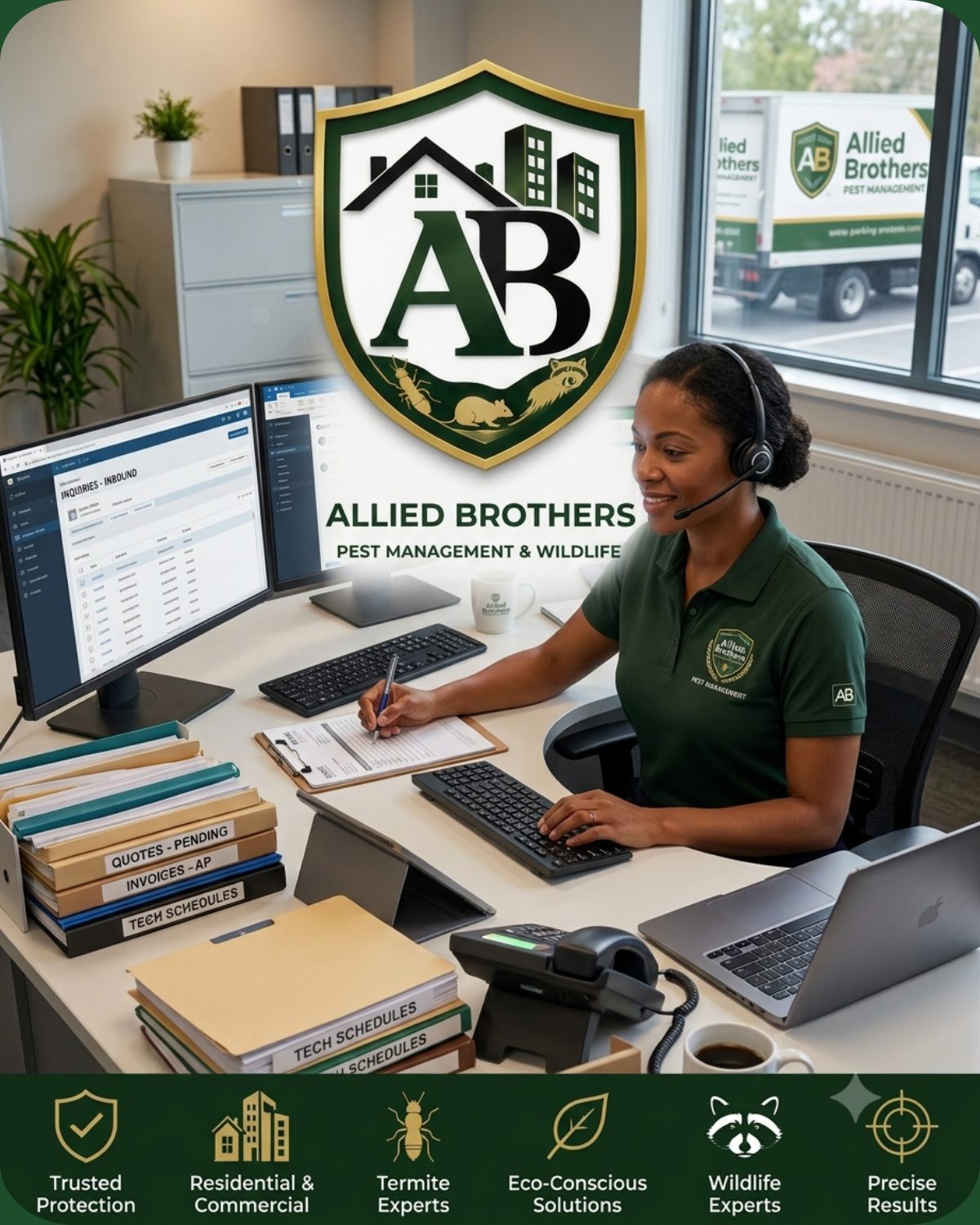 Allied Brothers service truck arriving on-site